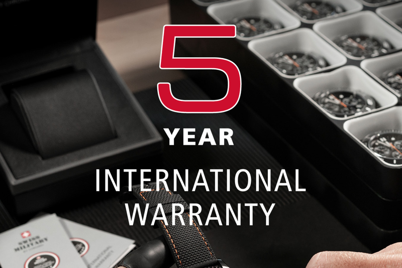 Promotional graphic for a watch warranty featuring a large red '5' and white text reading 'YEAR INTERNATIONAL WARRANTY' by Swiss Military by Chrono over a close-up of a watch display tray and watch packaging.