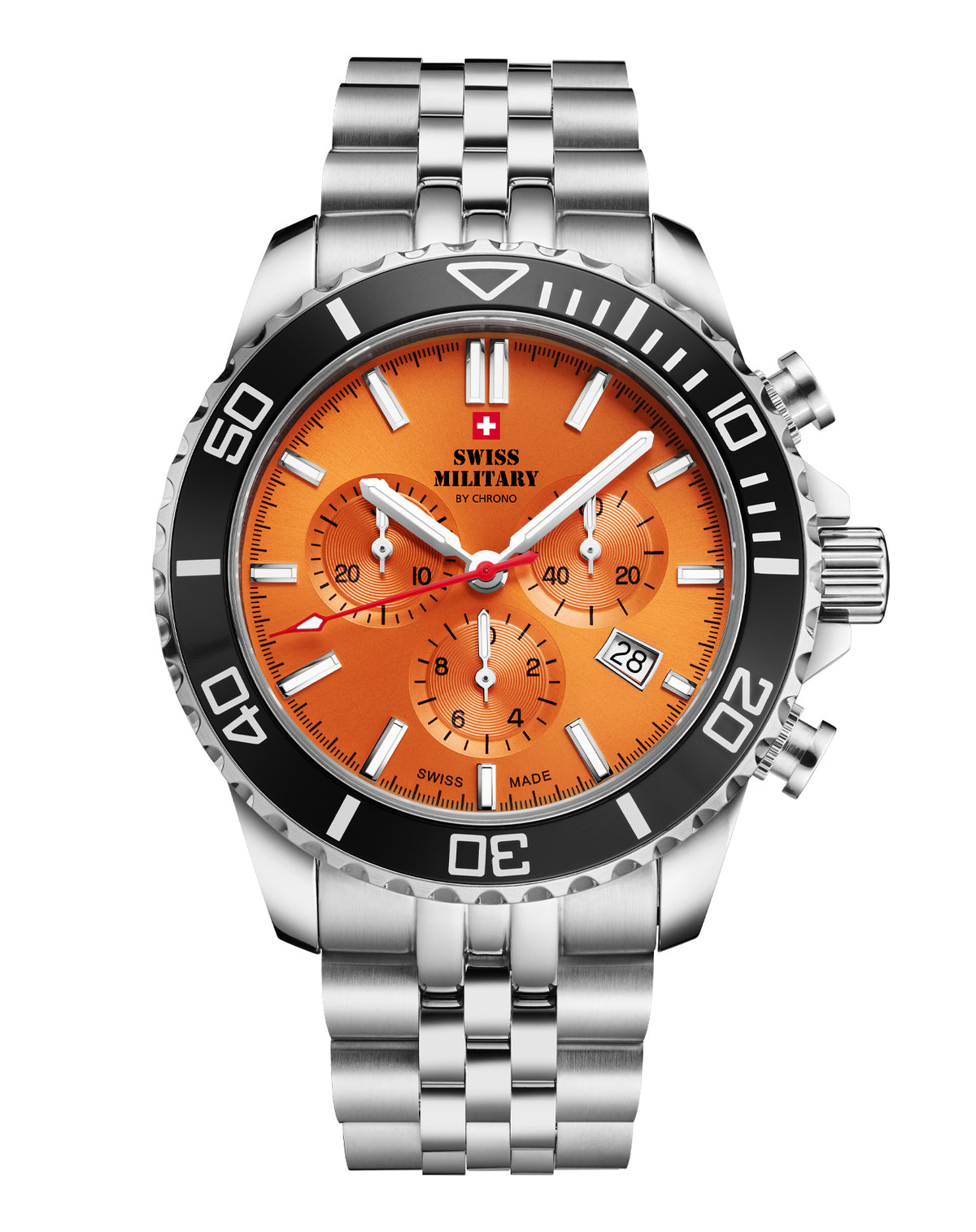 SM34103.05 Swiss Sports Chronograph Watch with an orange dial, black bezel, and Swiss-made precision. Water-resistant up to 100M.
