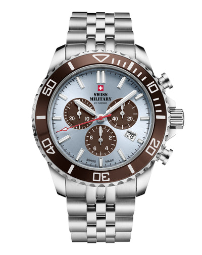 SM34103.06 Swiss Sports Chronograph Watch with a light blue dial, brown rotating bezel, and stainless steel bracelet, showcasing Swiss-made quality.