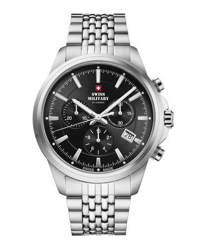 Swiss Military SM34107.01 Classic Chronograph Watch Black Steel with black sunray dial and stainless steel bracelet