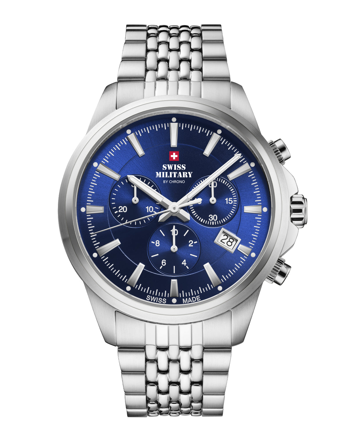 Swiss Military SM34107.03 Classic Chronograph Watch Blue Steel with blue sunray dial, stainless steel case, and bracelet.