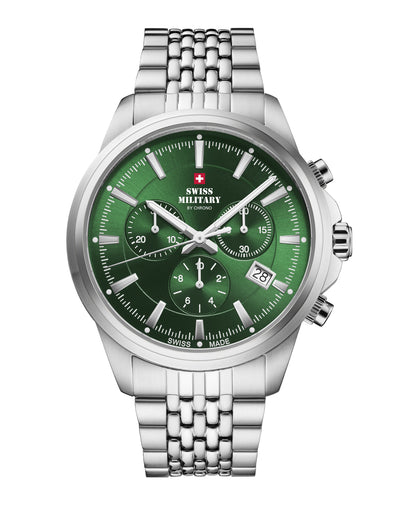 Swiss Military SM34107.04 Classic Chronograph Watch Green Steel with green sunray dial, stainless steel case, and bracelet