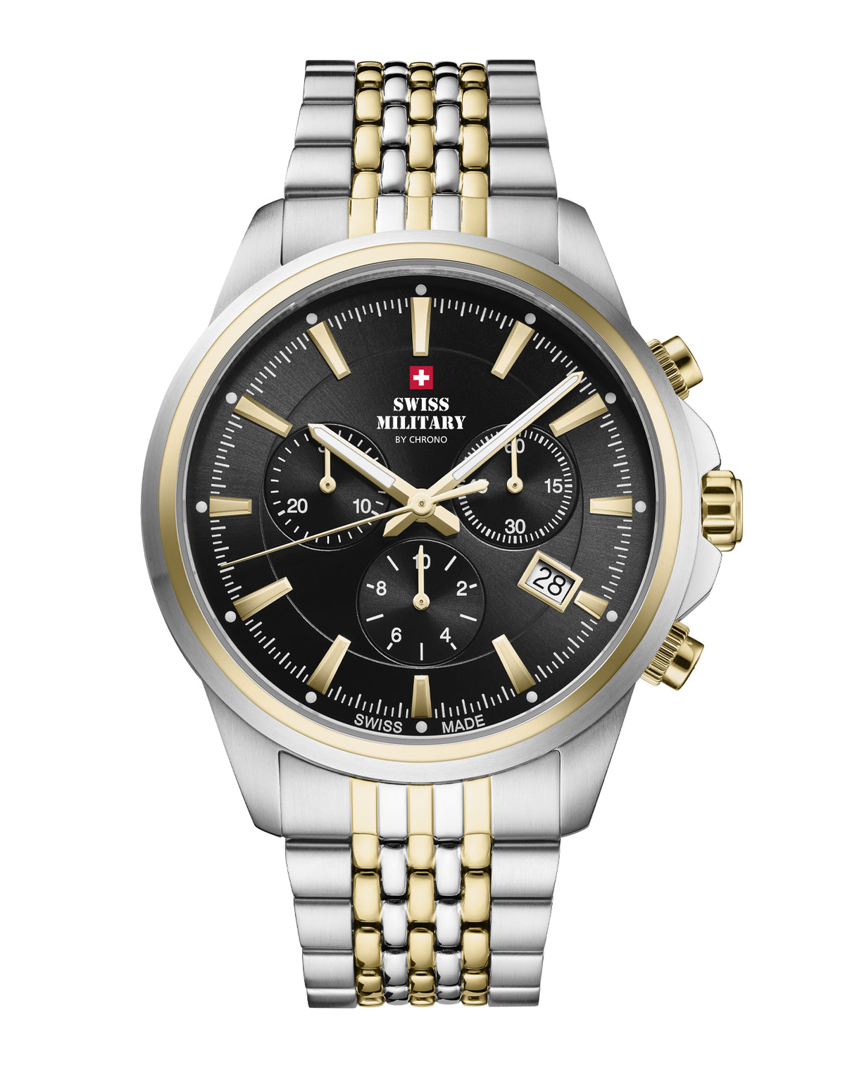 Swiss Military SM34107.05 Classic Chronograph Watch Black Bicolor with black sunray dial, bicolor stainless steel case, and bracelet.