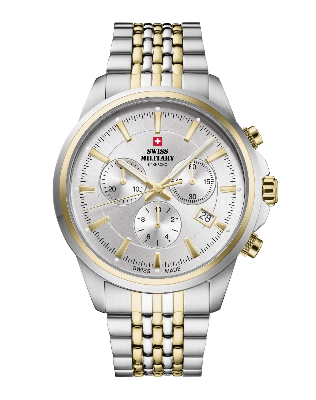 Swiss Military SM34107.06 Classic Chronograph Watch with silver sunray dial, bicolor stainless steel case, and Swiss-made chronograph movement.