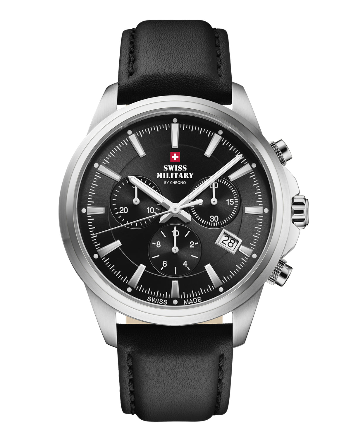 Swiss Military SM34107.10 Classic Chronograph Watch with a black sunray dial, stainless steel case, and smooth black leather strap.
