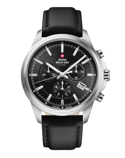Swiss Military SM34107.10 Classic Chronograph Watch with a black sunray dial, stainless steel case, and smooth black leather strap.