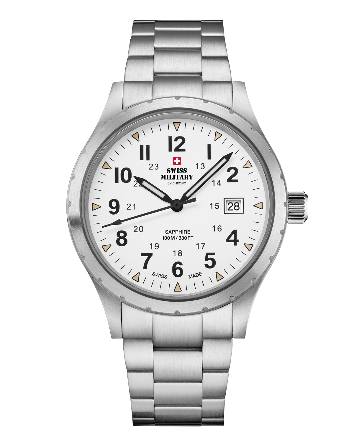 Swiss Military SM34108.02 Classic Army Style Watch with a matte white dial, brushed stainless steel case and bracelet, beige hour markers, and luminous hands.