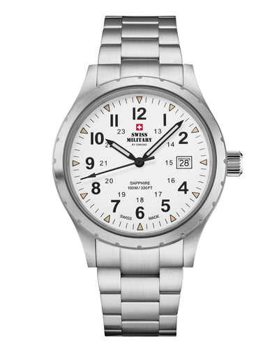 Swiss Military SM34108.02 Classic Army Style Watch with a matte white dial, brushed stainless steel case and bracelet, beige hour markers, and luminous hands.