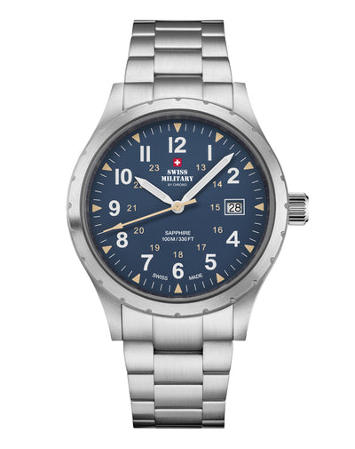 Swiss Military SM34108.03 Classic Army Style Watch with matte blue dial, beige military hours, luminous hands, and brushed stainless steel case.