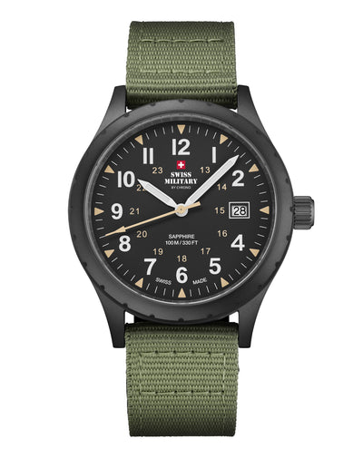 Swiss Military SM34108.07 Classic Army Style Watch with matte black dial, sandblast finish case, black PVD plating, and green canvas strap.
