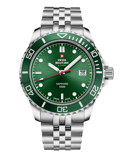 Swiss Military SM34109.03 Men's Sports Watch Green Steel with green sunray dial and rotating bezel