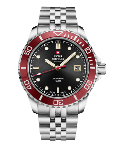 Swiss Military SM34109.04 Men's Sports Watch Red Steel with black sunray dial and red rotating bezel.