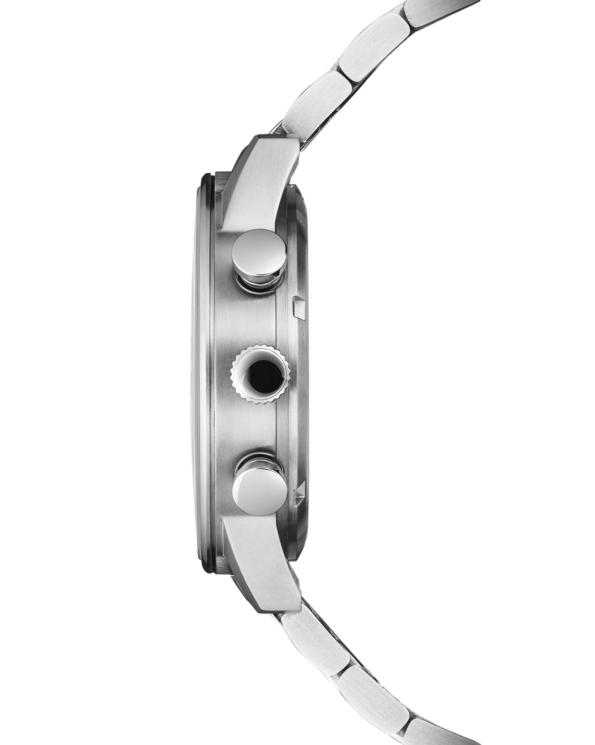 Side view of Swiss Military Minimalist Chronograph Watch – silver steel case with black dial and polished pushers.