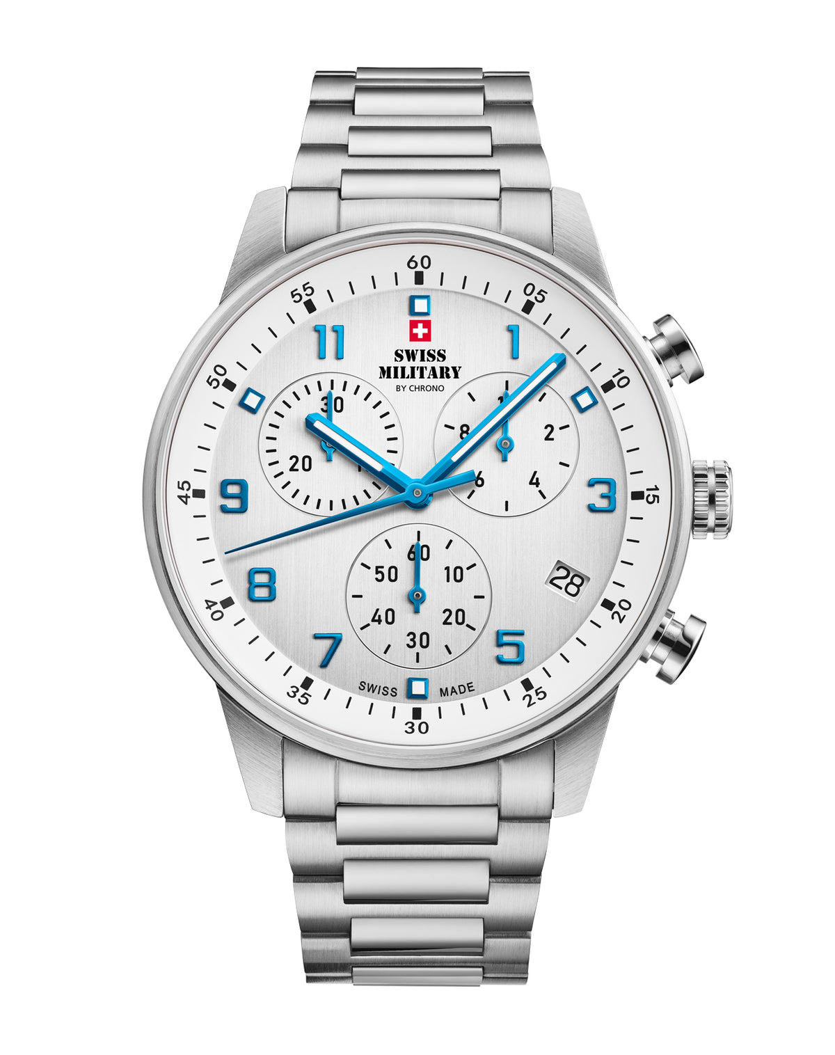 Swiss Military Minimalist Chronograph Watch with white dial and blue hands – Swiss Made silver steel watch with stop‑function.
