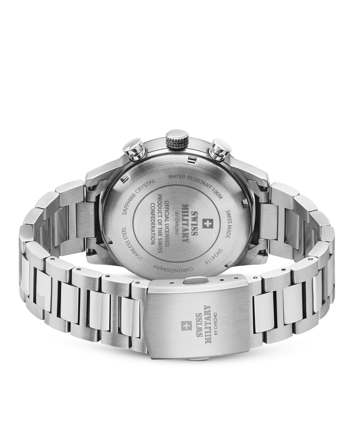 Back view Swiss Military Minimalist Chronograph Watch – steel case back with official Swiss Confederation license engraving.