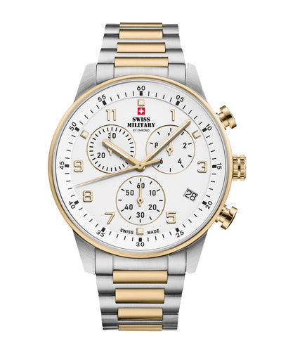 Swiss Military Minimalist Chronograph Watch with white dial and bicolor silver gold bracelet – Swiss Made two‑tone chronograph with stop‑function.