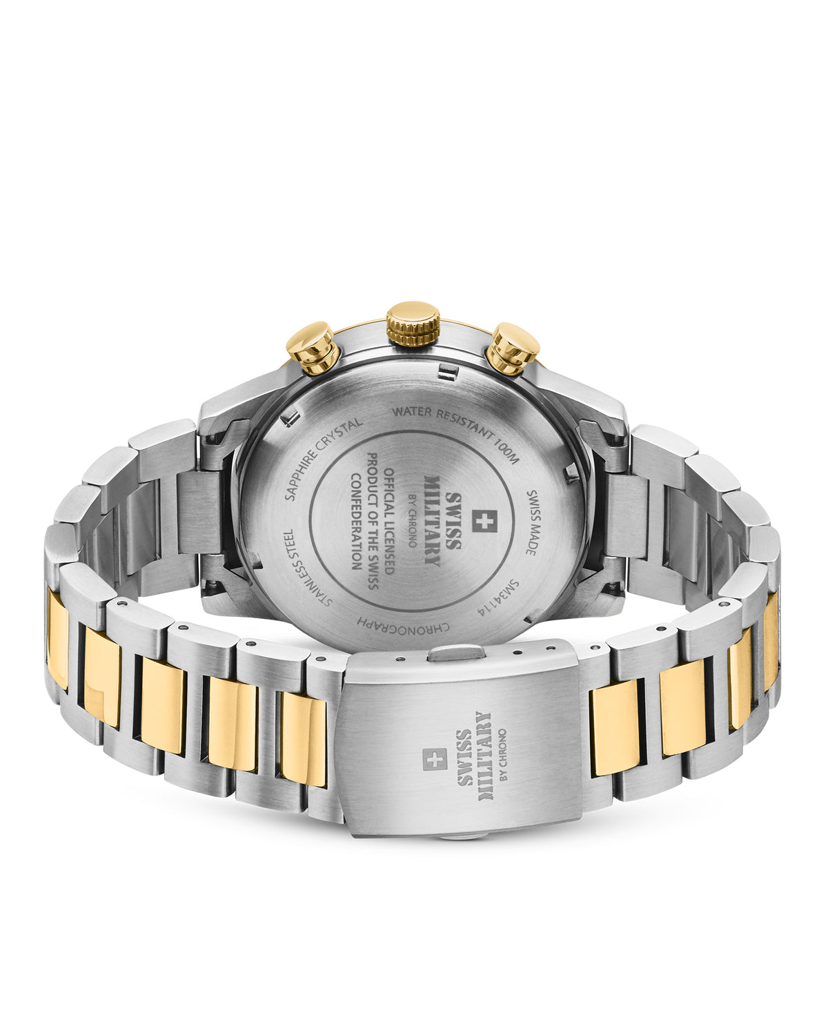 Back view Swiss Military Minimalist Chronograph Watch – stainless steel case back with official Swiss Confederation license engraving.