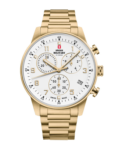 Swiss Military Minimalist Chronograph Watch with white dial and gold steel bracelet – Swiss Made watch with stop‑function and 5‑year warranty.