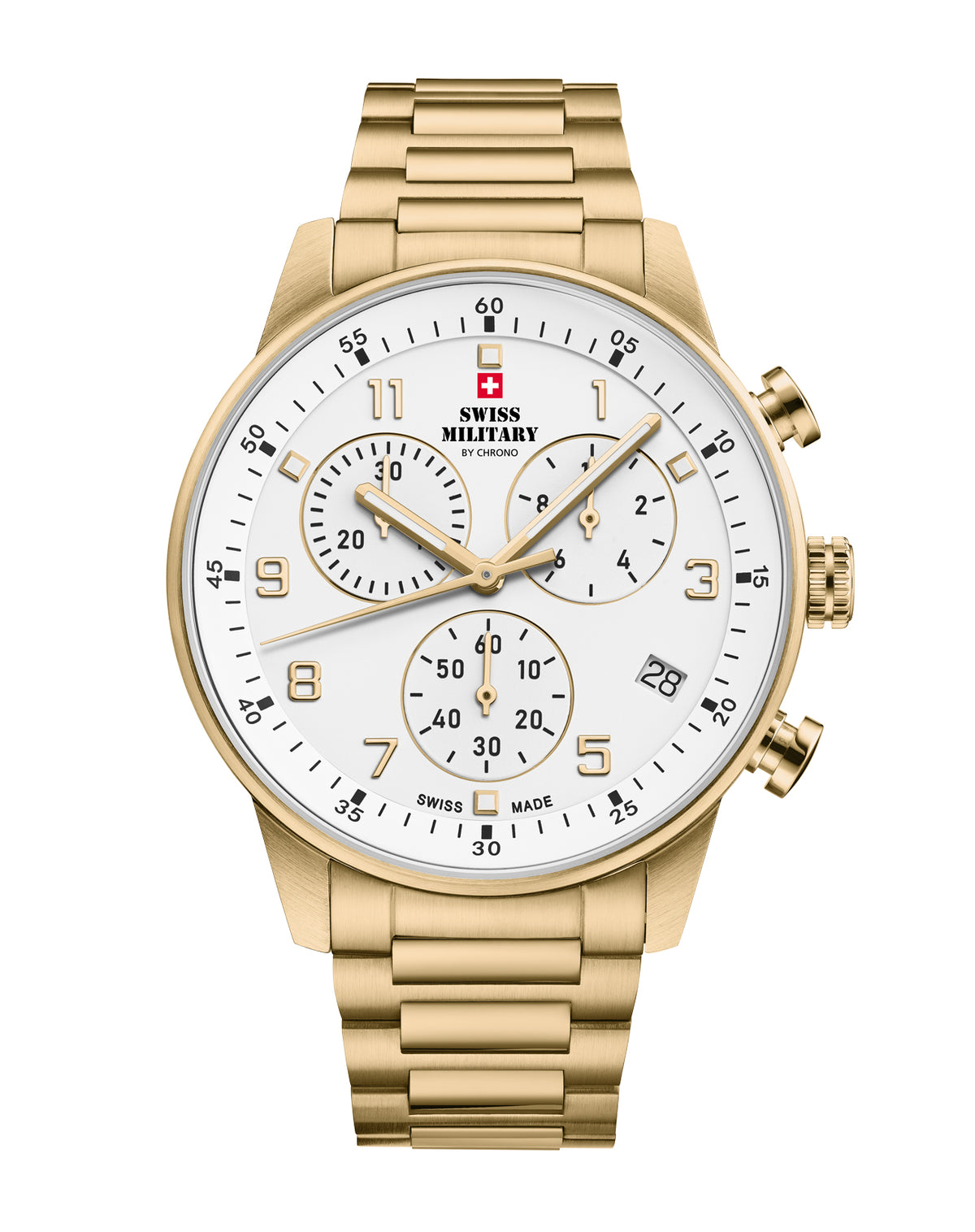 Swiss Military Minimalist Chronograph Watch with white dial and gold steel bracelet – Swiss Made watch with stop‑function and 5‑year warranty.