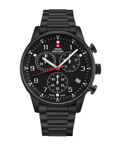 Reloj cronógrafo minimalista militar suizo con esfera negra y brazalete de acero negro - Cronógrafo duradero de fabricación suiza con función de parada.