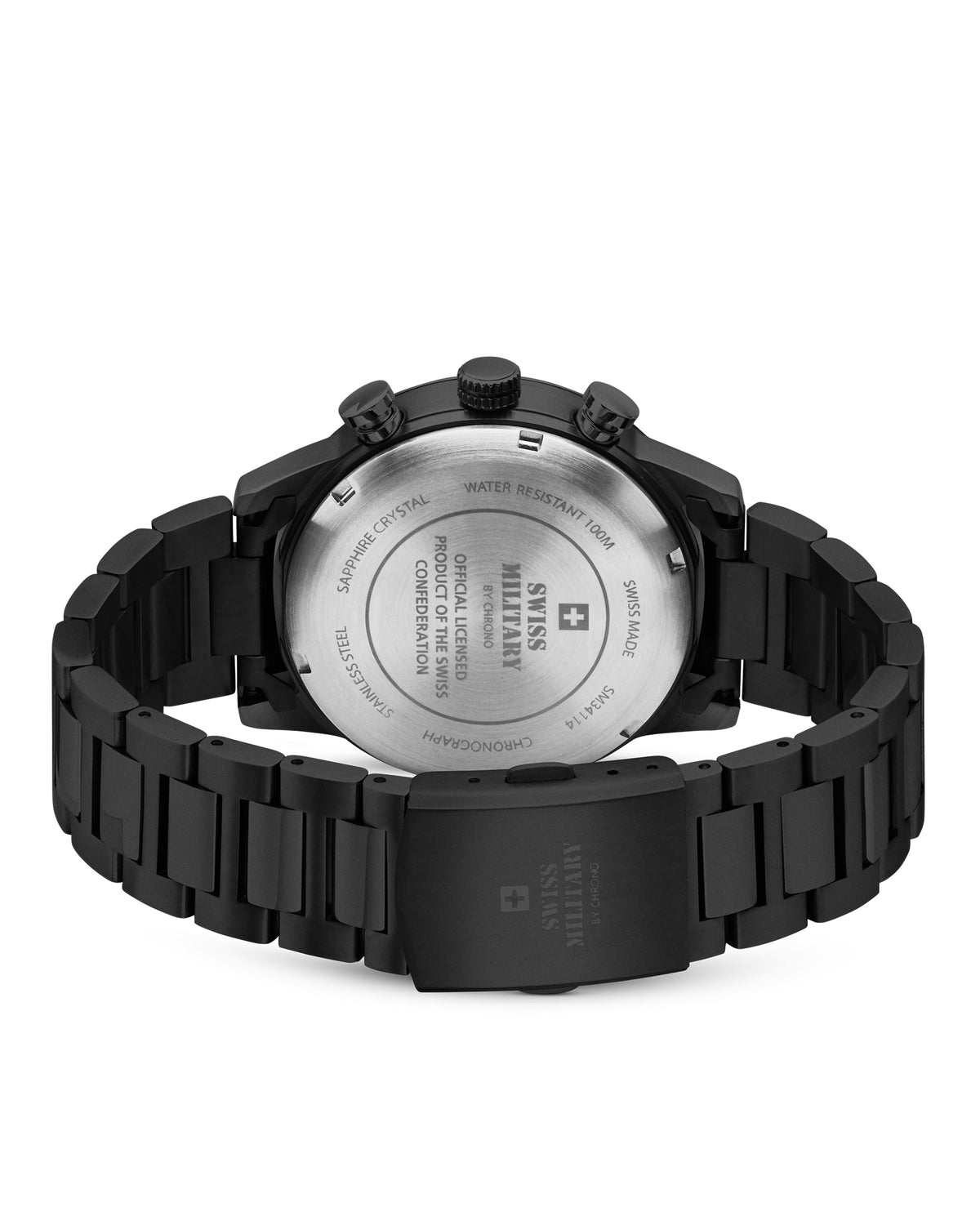 Back view Swiss Military Minimalist Chronograph Watch – engraved Swiss Military logo and official Swiss Confederation license on black steel case.