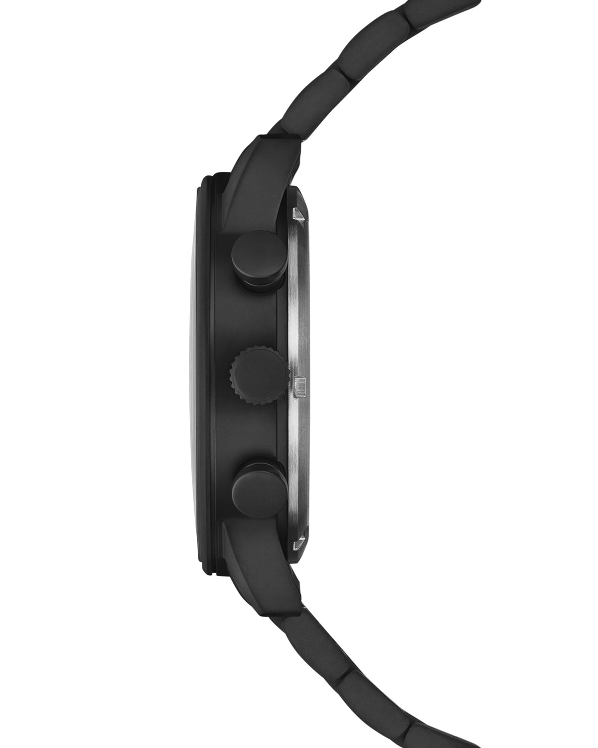 Side view Swiss Military Minimalist Chronograph Watch – matte black case with steel pushers and chronograph design.