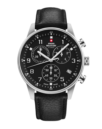 Swiss Military Minimalist Chronograph Watch with black dial and leather strap – Swiss Made chronograph for precision and everyday comfort.