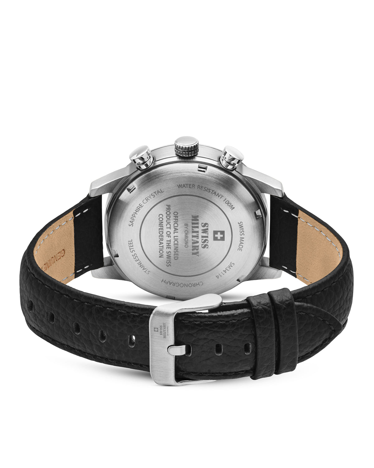 Back view Swiss Military Minimalist Chronograph Watch – engraved Swiss Military logo and official Swiss Confederation license mark on stainless steel case.