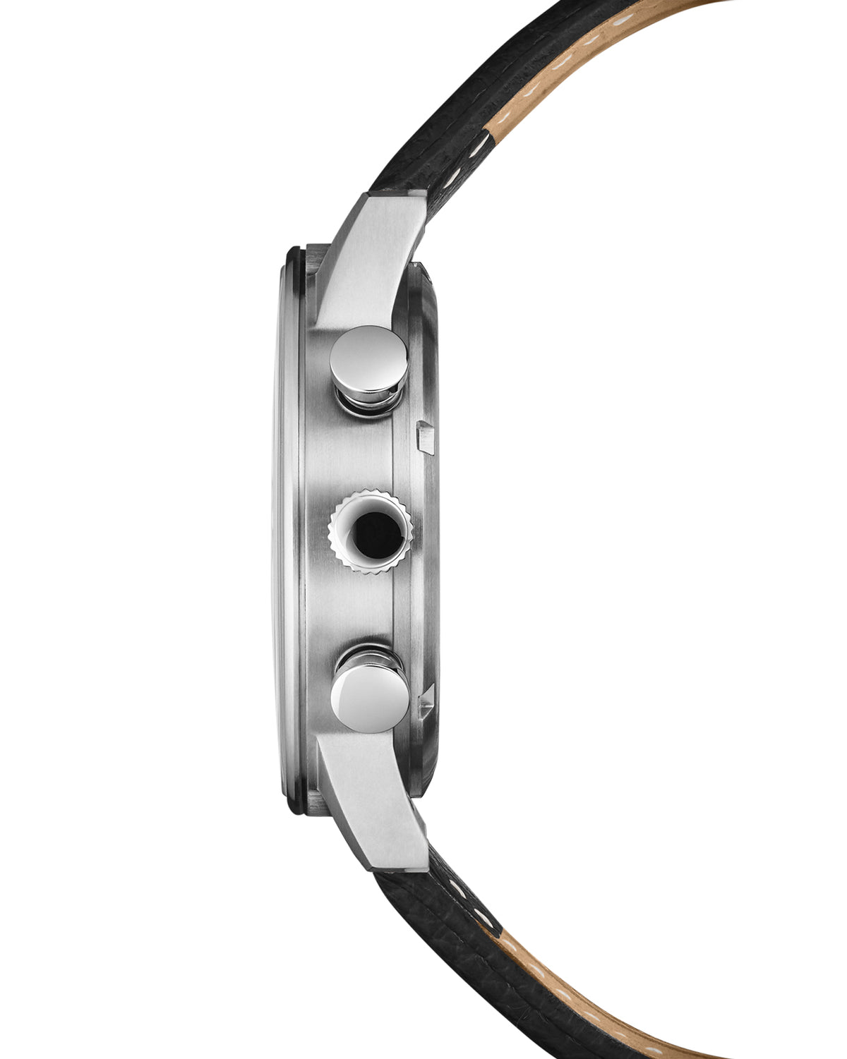 Side view Swiss Military Minimalist Chronograph Watch – silver case and black leather strap.