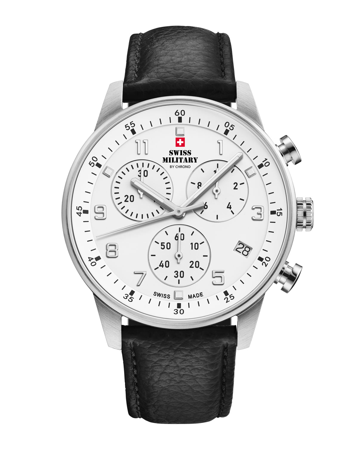 Reloj Cronógrafo Minimalista Swiss Military con esfera blanca y correa de piel negra - Cronógrafo Swiss Made de elegancia y precisión atemporales.