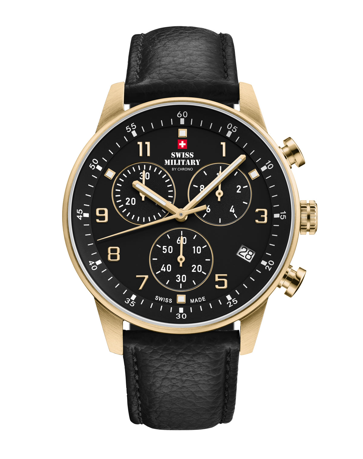 Swiss Military Minimalist Chronograph Watch with black dial, white hands and gold second hand – Swiss Made gold case with leather strap for refined style.