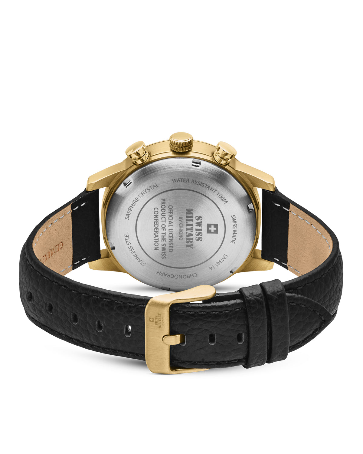 Back view Swiss Military Minimalist Chronograph Watch – gold case with engraved Swiss Military logo and Swiss Confederation license seal.