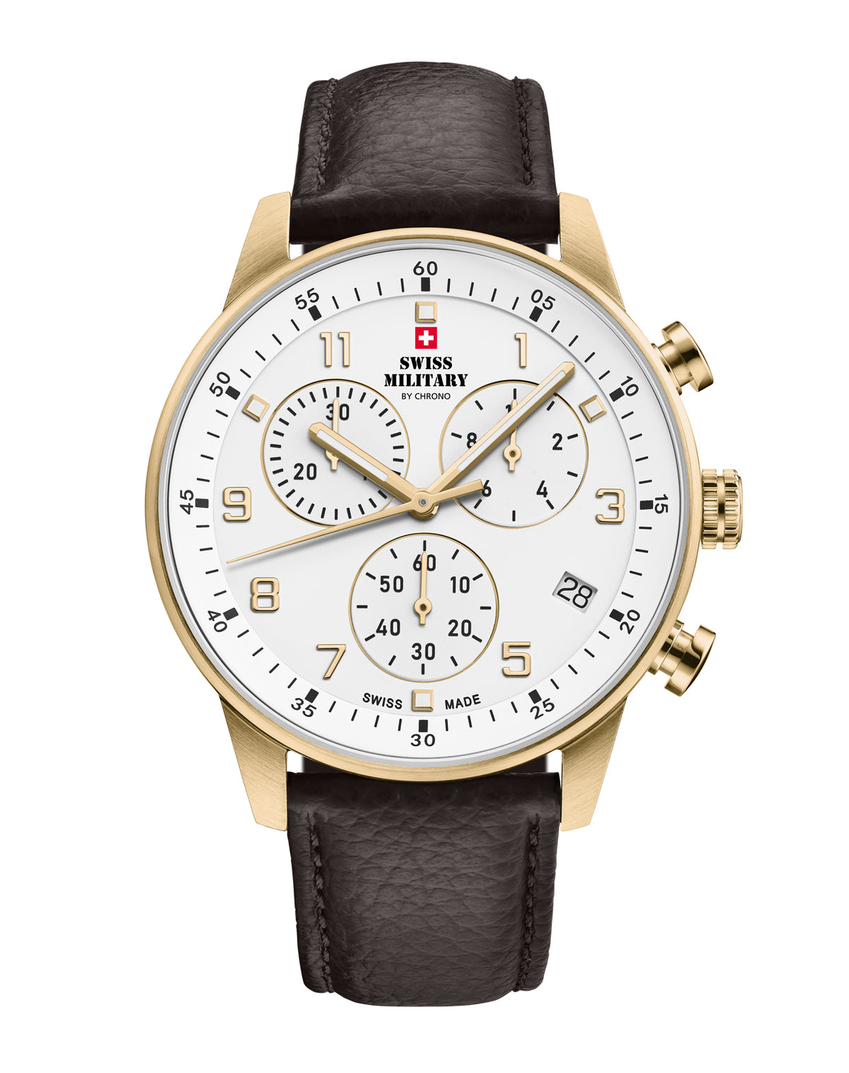 Reloj Cronógrafo Minimalista Militar Suizo con esfera blanca y correa de piel marrón - Cronógrafo de herencia Swiss Made con caja de oro.