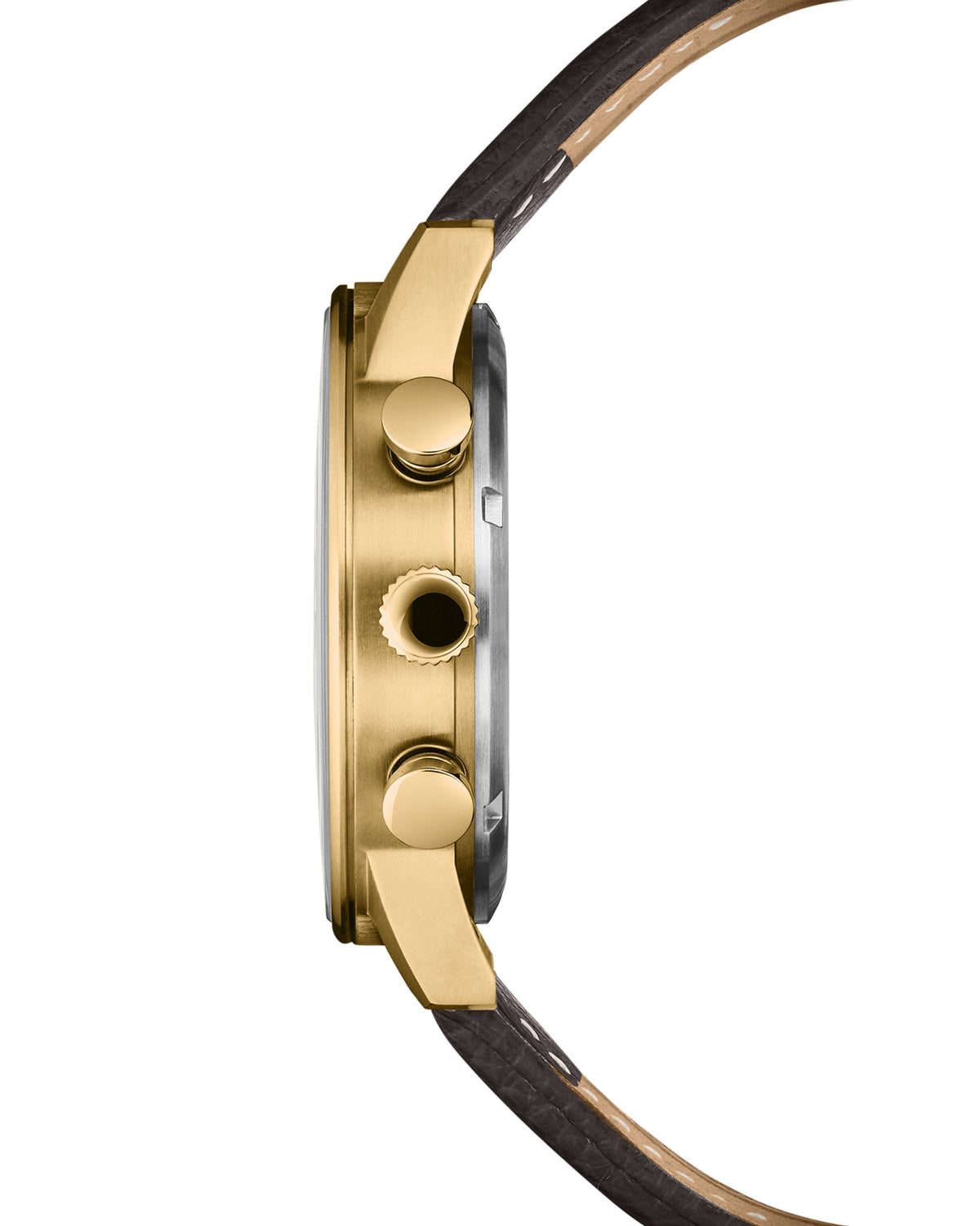 Vista lateral Reloj Cronógrafo Minimalista Militar Suizo - caja de oro con esfera blanca y correa de piel marrón.