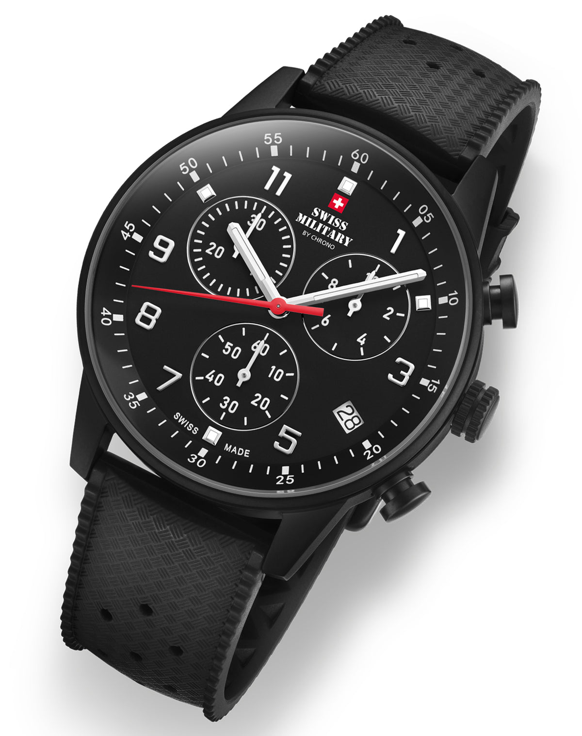 Reloj Cronógrafo Minimalista Militar Suizo de ángulo frontal - caja de acero negro con correa de caucho FKM y esfera negra.