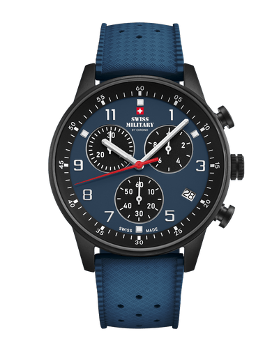 Swiss Military Minimalist Chronograph Watch with blue dial and FKM rubber strap – Swiss Made chronograph for active style and comfort.