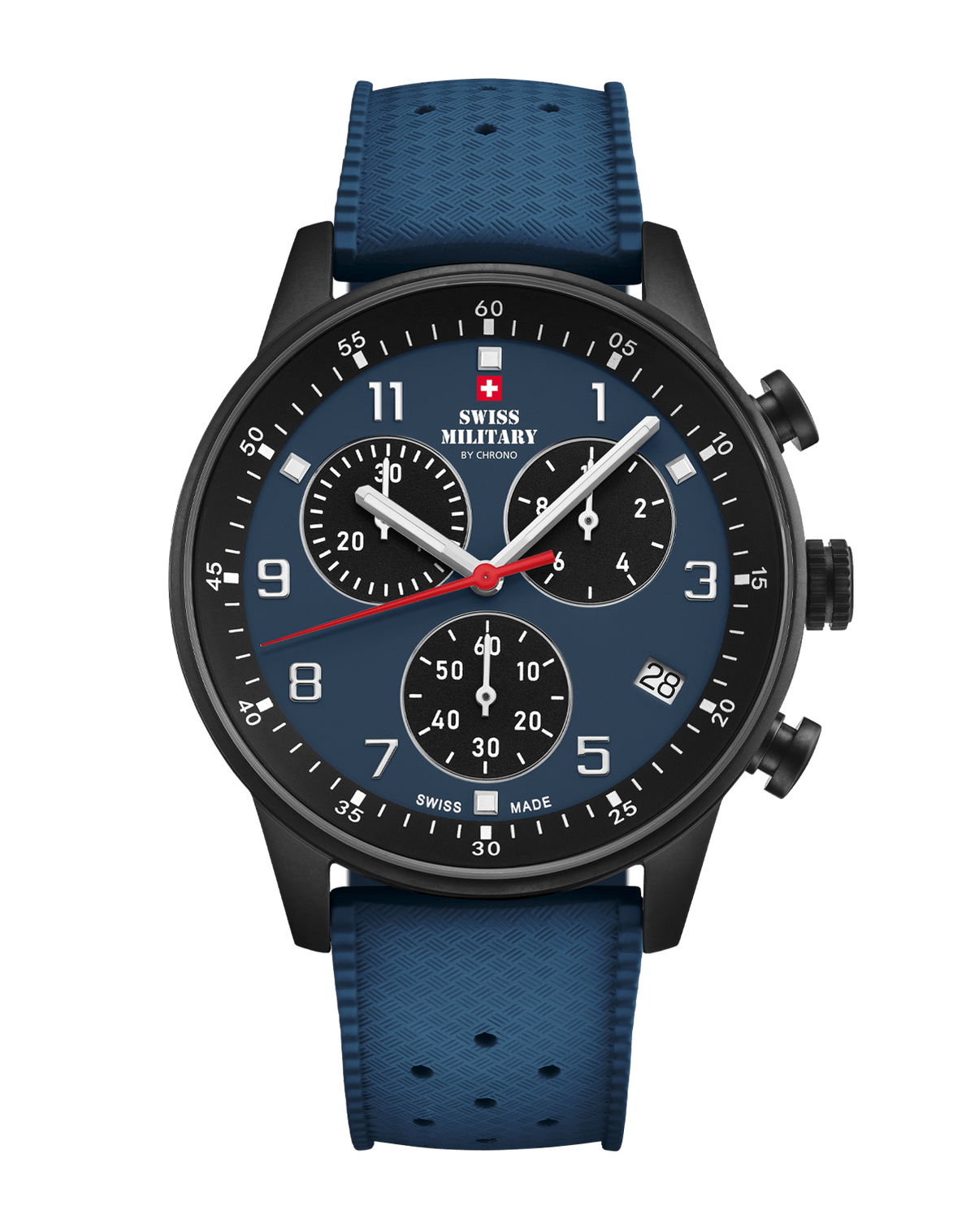 Reloj cronógrafo minimalista militar suizo con esfera azul y correa de caucho FKM - Cronógrafo de fabricación suiza para un estilo activo y cómodo.