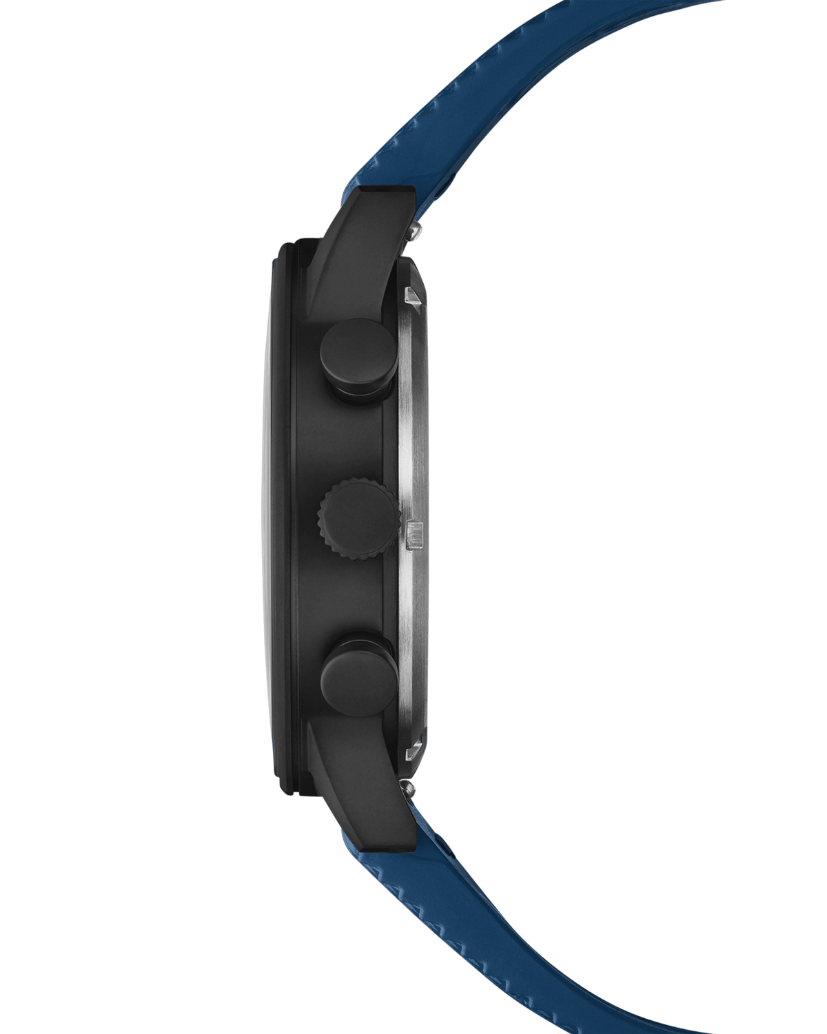 Vista lateral Reloj Cronógrafo Minimalista Militar Suizo - caja negra con esfera azul y correa de FKM azul.