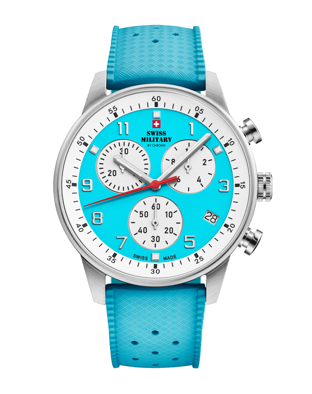 Reloj cronógrafo minimalista militar suizo con esfera azul claro y correa de caucho FKM - Cronógrafo de fabricación suiza para mayor comodidad y precisión.