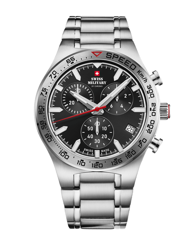 Swiss Military Speed-Chronograph - Schwarz, silberne Lünette, Stahl, | SM34115.03