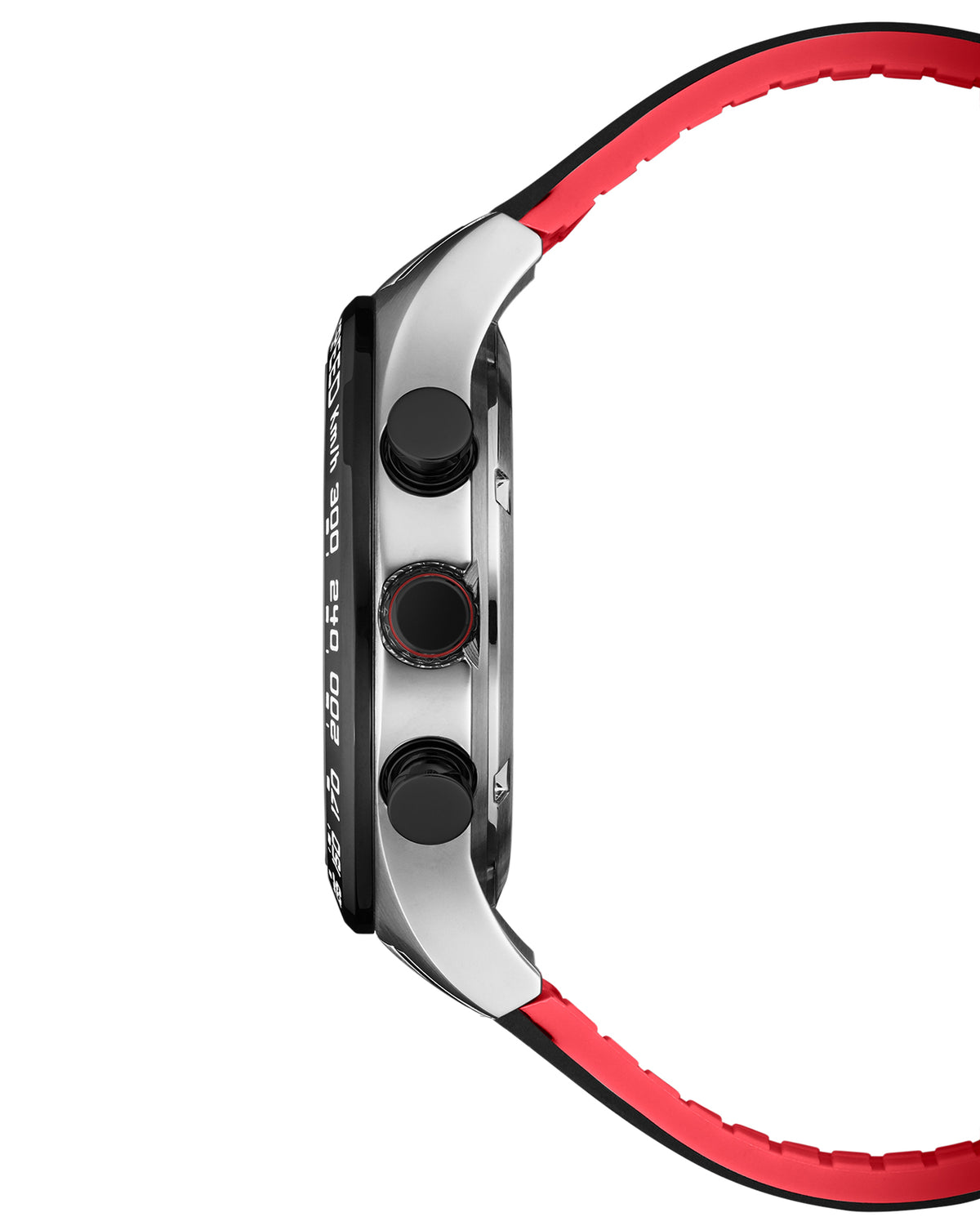 Reloj Cronógrafo Militar Suizo Speed caja de acero caucho rojo vista lateral