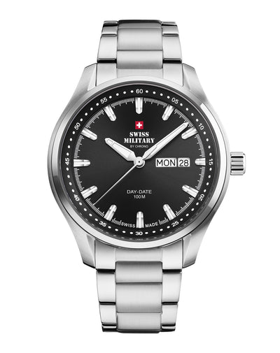 Reloj militar suizo clásico de caballero esfera negra brazalete de acero frontal