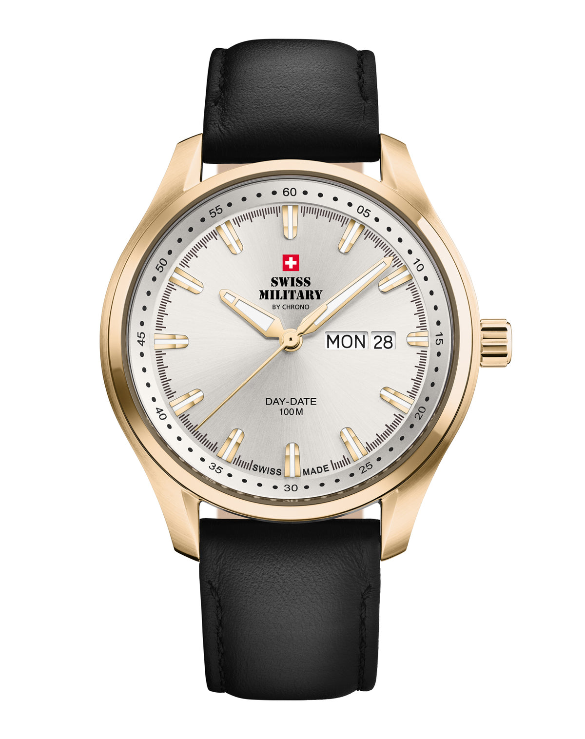 Reloj wiss Military Classic Hombre oro PVD esfera plateada correa de piel frontal