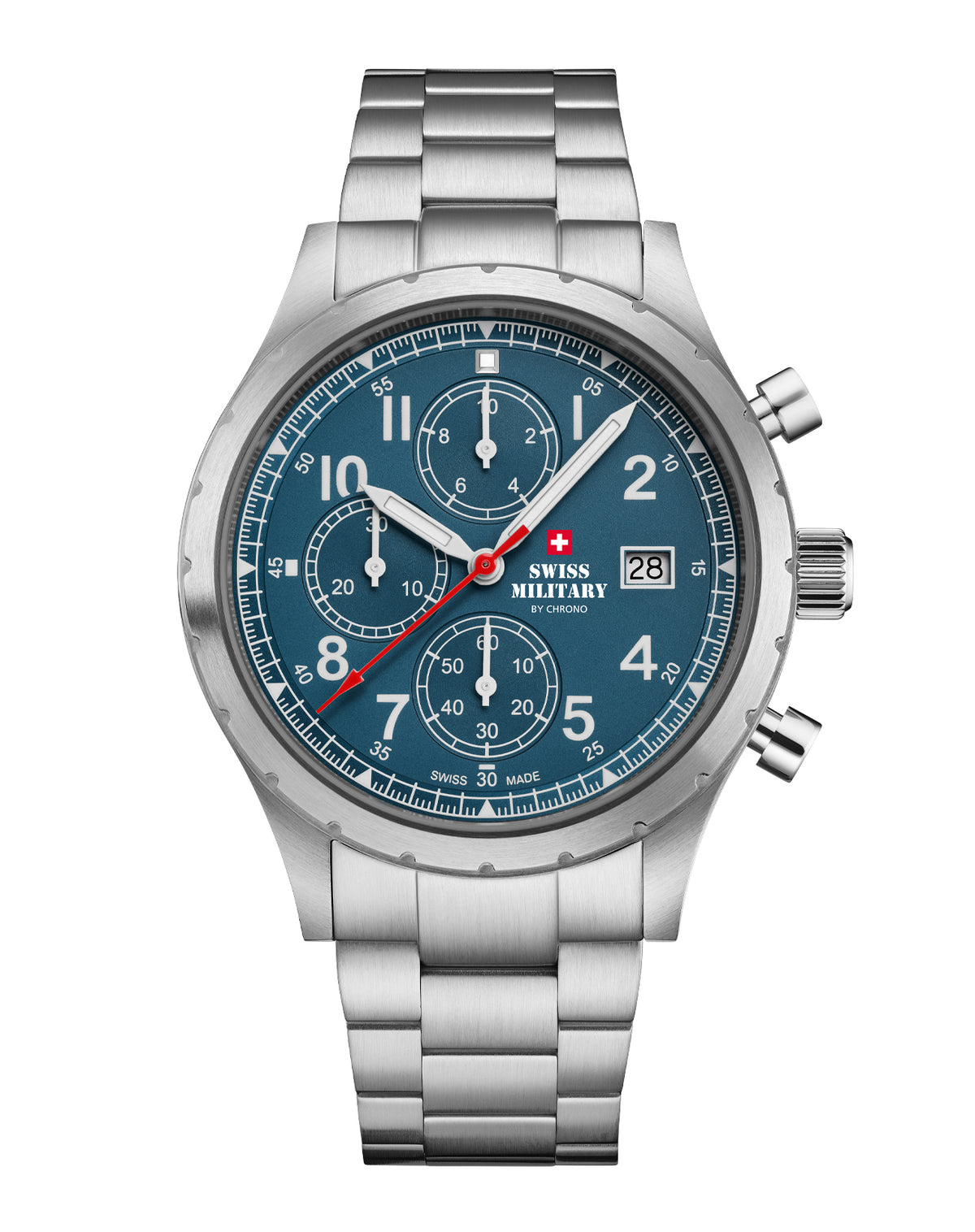 Reloj cronógrafo militar suizo de campaña esfera azul acero plateado vista frontal