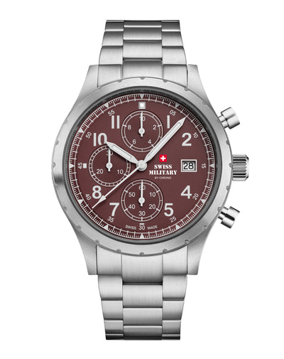 Reloj cronógrafo de campaña militar suizo esfera burdeos acero plateado vista frontal