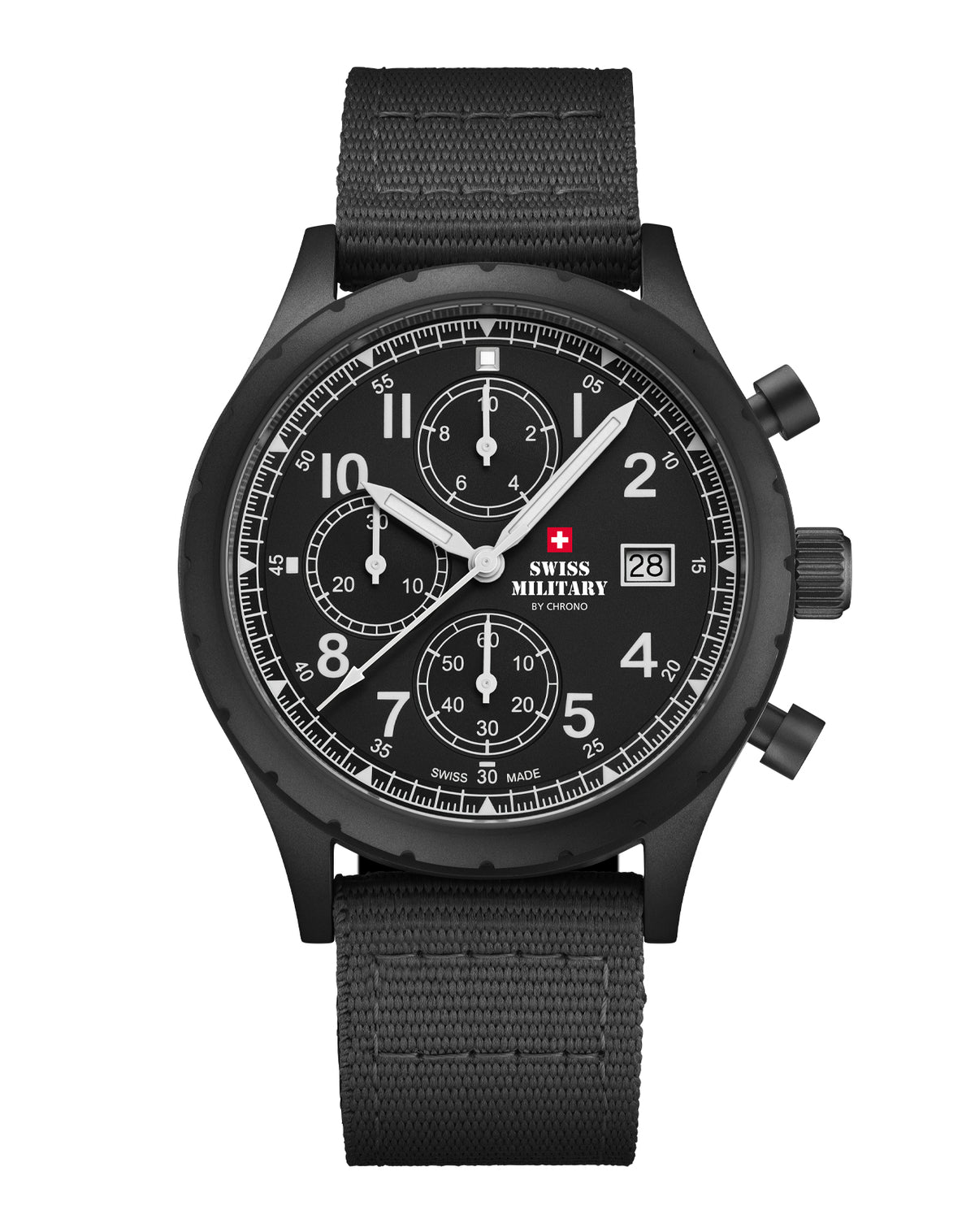 Reloj Militar Suizo de Campo Cronógrafo lona PVD negro vista frontal