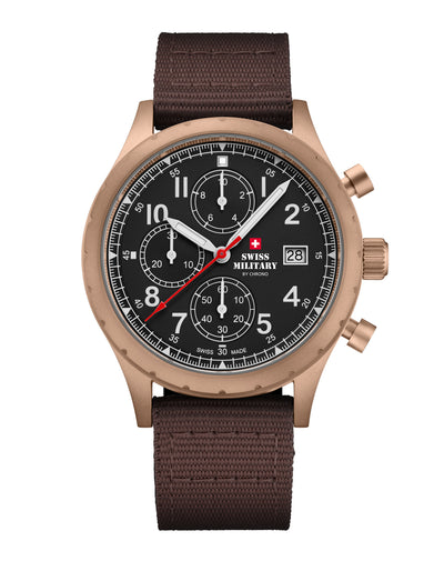 Reloj Militar Suizo de Campo Cronógrafo caja de oro lona marrón vista frontal
