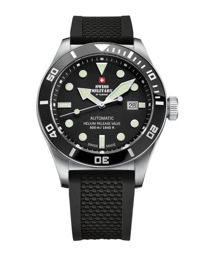 Swiss Military SMA34075.06 - Swiss Made Automatic Dive Watch with black dial, rotating Ceramic Bezel, and rubber band. Featuring a Helium Release Valve, Screw Crown - 500m water-resistant! 5-YEAR WARRANTY, FREE SHIPPING