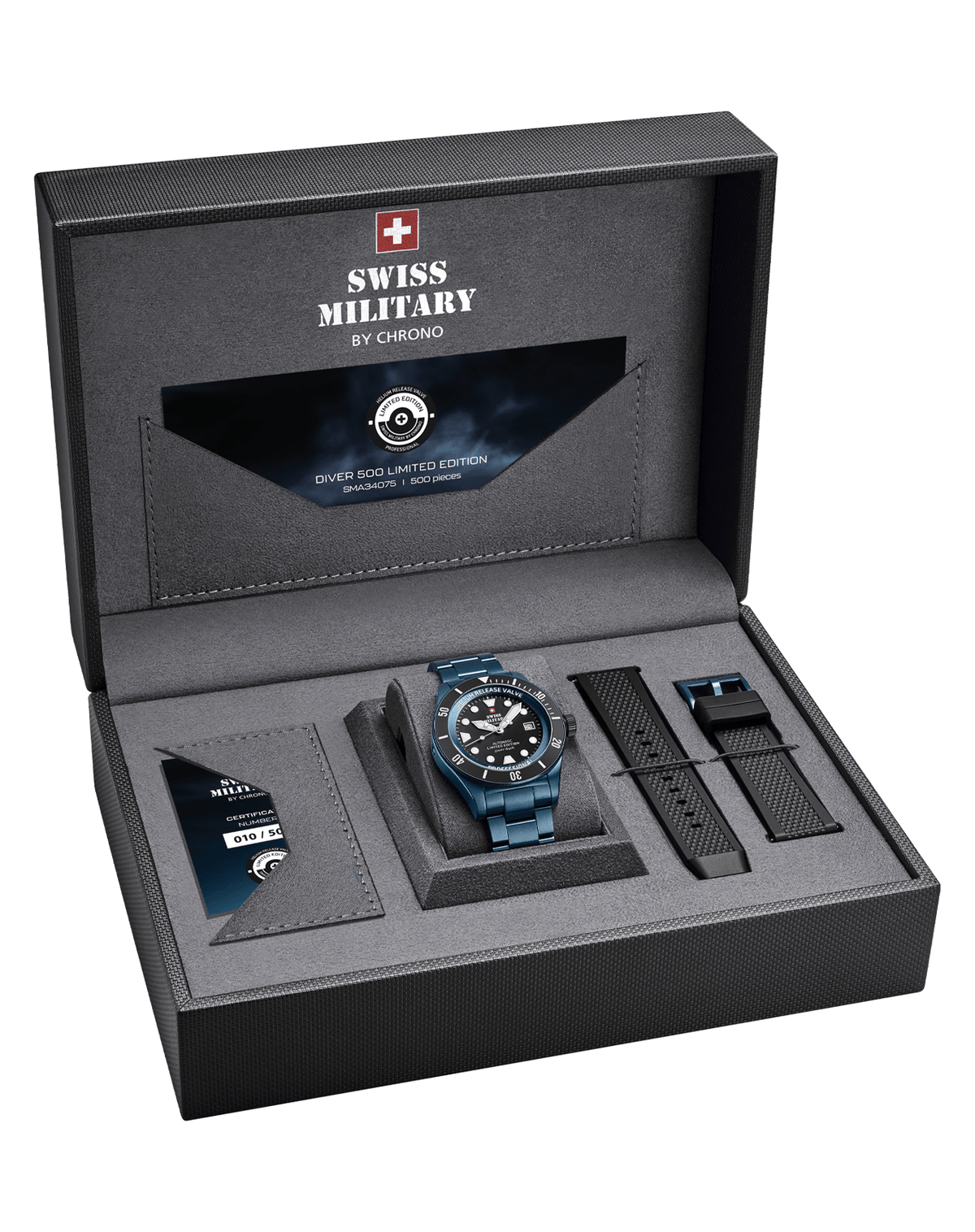 Swiss Military DIVER 500 Limited Edition - Luxuriöse Präsentationsbox mit Zertifikat und zwei Armbändern