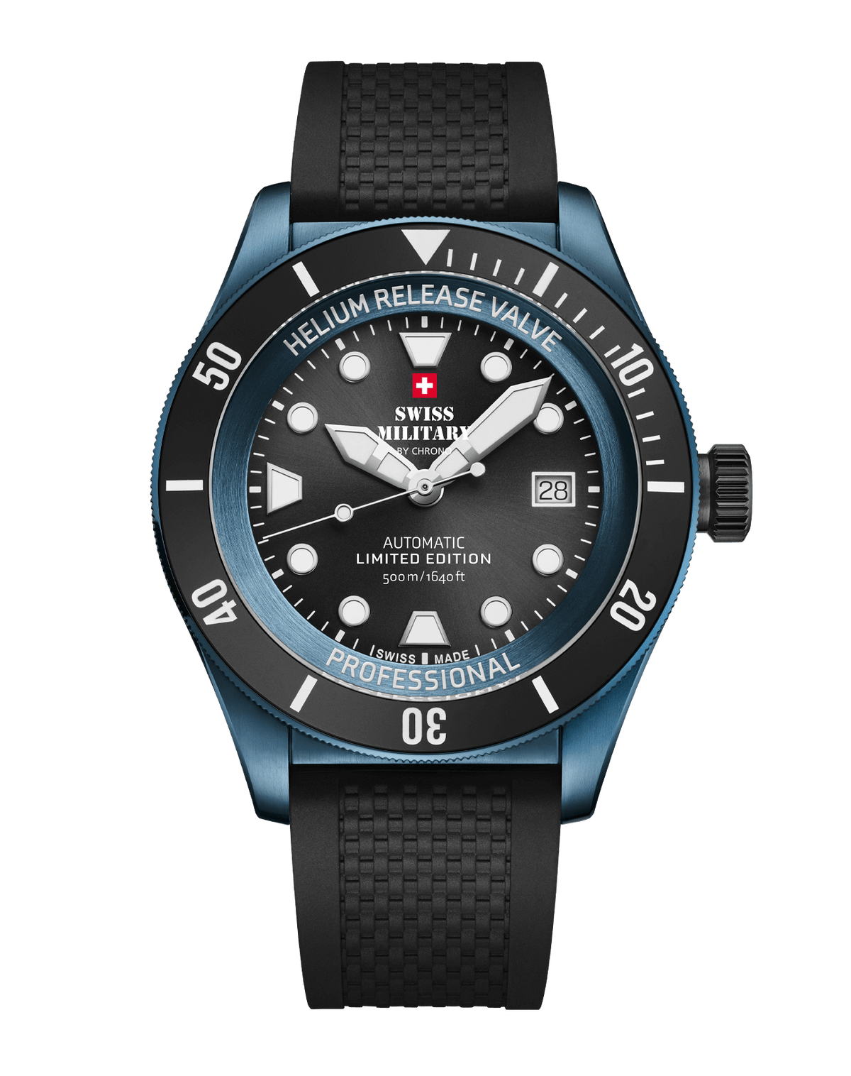 Swiss Military DIVER 500 Limited Edition - Schwarzes Kautschukarmband mit blauem Stahlgehäuse